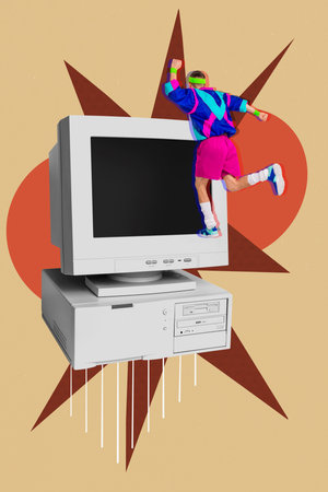 Trendy banner 3d poster image photo collage of anonym man dance pc monitor freelancer occupation it-specialist workplaceの写真素材