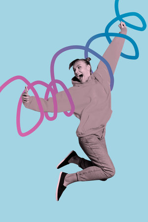 Banner sketch 3d vertical artwork collage of happy girl jump colorful line weekend chill celebration...