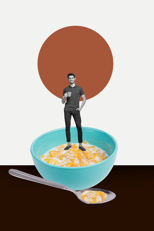 Vertical zine pop trend collage of happy girl guy walk cereal bowl milk bottle granola breakfast...