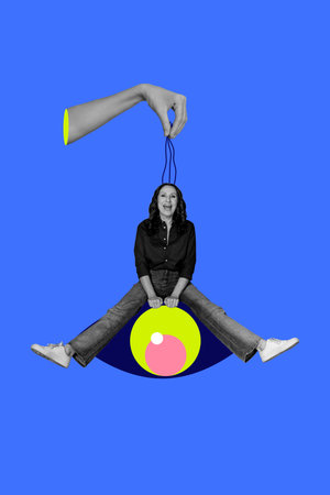Creative artwork template sketch 3D collage of hand hold rope aged woman sit eyeball puppet
