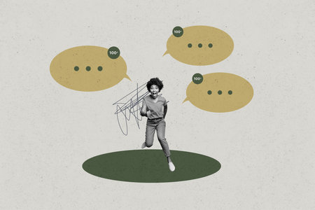 Collage with person surrounded by message bubbles symbolizing chatting communication online...