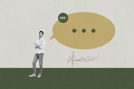 Collage with person surrounded by message bubbles symbolizing chatting communication online...