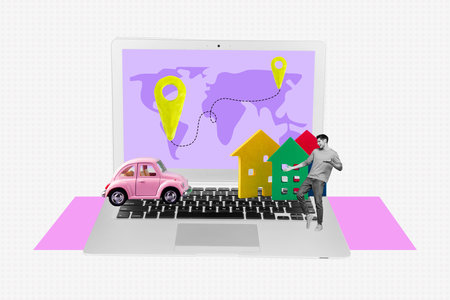 Artwork sketch banner full 3d collage of happy guy dance laptop car purchase new settlement house...