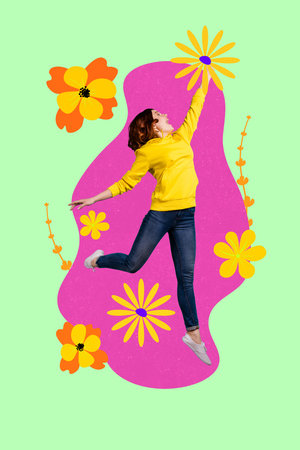 Collage with funny people among colorful flowers symbolizing family parentship friendship love dating romance relationshipsの写真素材