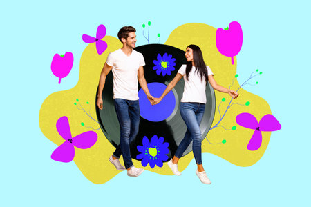Collage with funny people among colorful flowers symbolizing family parentship friendship love...