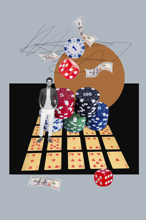 Collage of casino theme with cards dice chips poker roulette blackjack representing gambling...