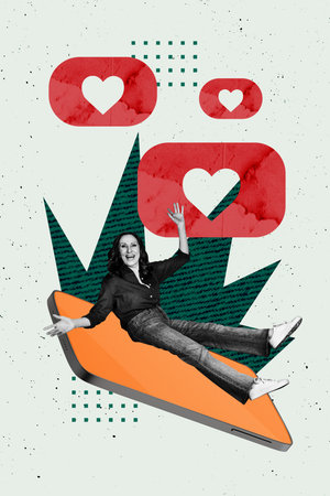 Trend vertical artwork 3d photo collage of happy old woman lay phone screen like notification...