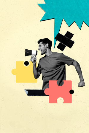 Vertical 3d poster art pop collage of happy girl guy stand puzzle element jigsaw solving strategy...
