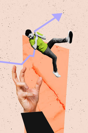 Vertical poster banner collage of happy businessman hang arrow development statistics aim achievement progress goal promotionの写真素材