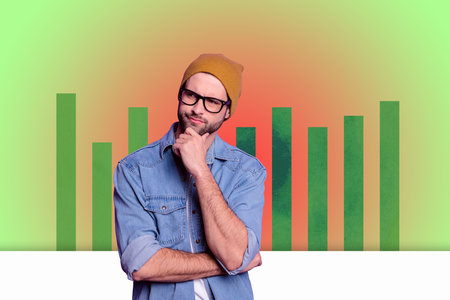 Collage Featuring Excited Business person With Business Chart Pie Graph Analyzing Data Statistics...