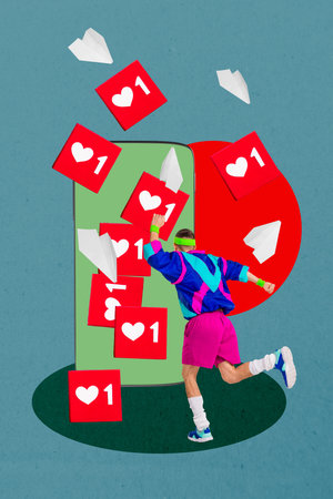Template poster trend artwork 3D photo collage of smartphone application paper plane heart chatting...
