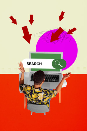 Trend artwork creative sketch photo collage of young man sit work laptop search hr candidate data...