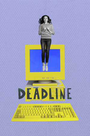 Collage of busy person with book laptop smartphone scissors tablet clock symbolizing deadline pressure in work and studyの写真素材