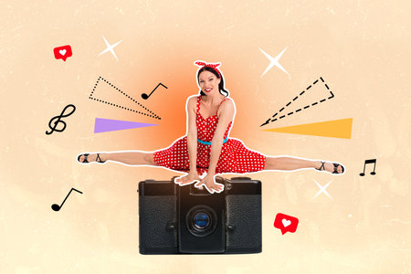 Artwork sketch banner full 3d collage of happy pinup girl dance weekend chill optical camera...