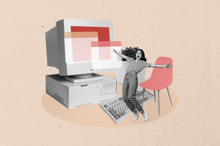 Artwork sketch banner full 3d collage of happy businesswoman stand pc monitor desktop keypad...