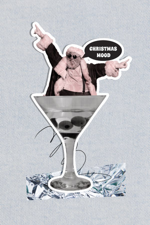 3d image art pop trend collage of excited old man santa claus peek martini glass toast christmas mood bubble celebration weekendの写真素材