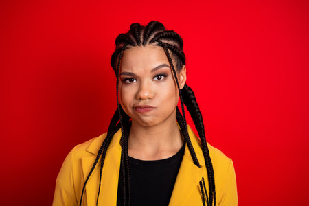Confident young woman in a yellow jacket posing with cornrows against a vivid red background for...