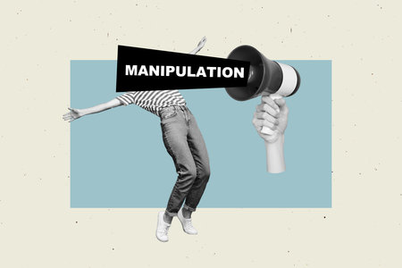 Creative poster banner 3d collage photo of anonym girl stand hand hold megaphone agitation news propaganda brainwash conceptの写真素材