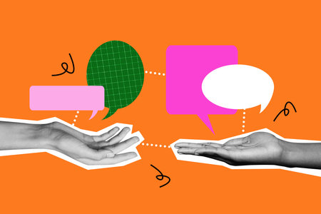 3d pop zine sketch artwork collage of human hand show bubble communication icon message dialogue phrase chatterbox notificationの写真素材