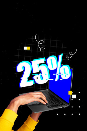 Trend artwork composite banner 3D photo collage of hand type laptop percent promotion offer final...