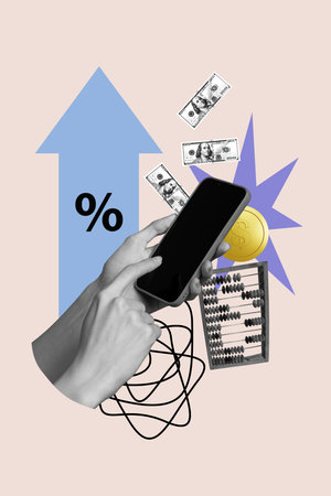 Creative design artwork collage of hand hold smartphone touch banknote income earnings budget cash...
