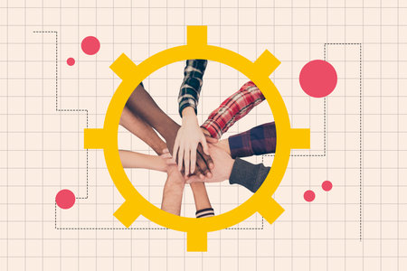 3d zine full photo collage of human business partners high-five gesture gearwheel progress statistics team building cooperationの写真素材