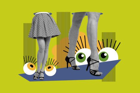 Exclusive 3d full image photo collage of anonym human female legs stand eyeball freemason supervision esoteric cartoon conceptの写真素材