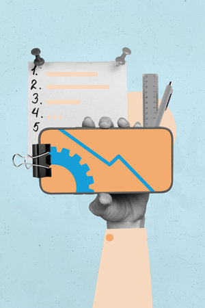 3d sketch image vertical collage of it-specialist hands hold laptop gearwheel programming percentage symbol freelancer jobの写真素材