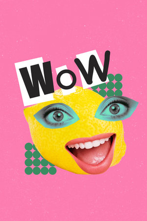Trend banner artwork 3d photo collage of female eyeball stare freemason sour lemon detox nutrition diet wow sticker mouthの写真素材