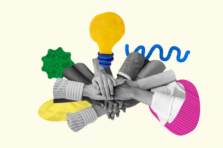 Full art trendy image poster 3d collage of human hands show high-five gesture approval deal light bulb development team buildingの写真素材
