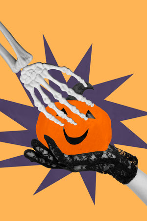 Banner 3d sketch image collage of human hand wear glove hold pumpkin jack traditional spooky skeleton arm halloween eventの写真素材