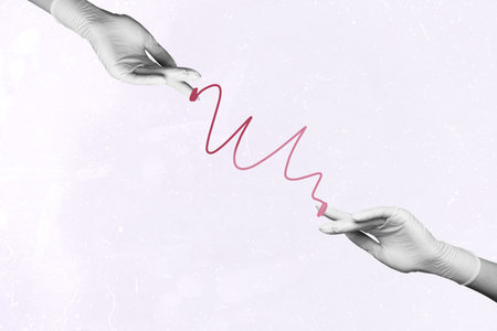 3d poster image full pop art collage of human hand hold needle knot problem solving game resolve organization tied conceptの写真素材