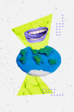 Trend artwork sketch design collage of huge mouth lips smile teeth plasticine planet eco green responsibility nature conservation recycleの写真素材