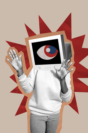 Composite artwork photo collage sketch of caricature silhouette woman body stand wear retro style computer monitor eye control hacker spyの写真素材