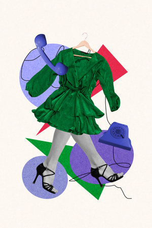 Pop art image poster 3d banner collage of anonym girl instead body hanger dress heels wardrobe sale helpline telephone callの写真素材