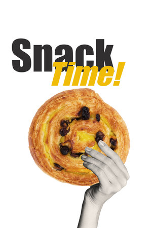 Banner image zine art pop trend collage of human hand hold sweet bun nutrition raisin snack time...