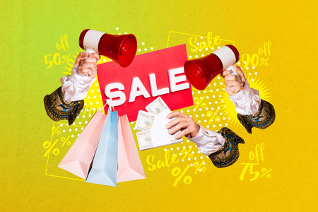 3D photo collage template trend sketch of hand hold megaphone proclaim seller buyer client promotion...