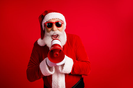 Festive Santa Claus Holding a Megaphone with a Vibrant Red Background and Expressing Joyful Winter Holiday Cheerの写真素材