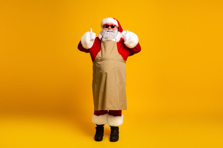 Santa Claus dressed as a cool workshop chef poses in festive attire with a cheerful expression and sunglassesの写真素材