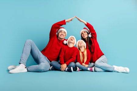 Happy family celebrating Christmas in red outfits with Santa hats, showing love and unity against a cheerful blue background.の写真素材
