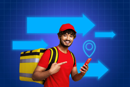 Full image poster 3d banner collage of happy courier man hold phone geolocation carry backpack delivery service shipmentの写真素材