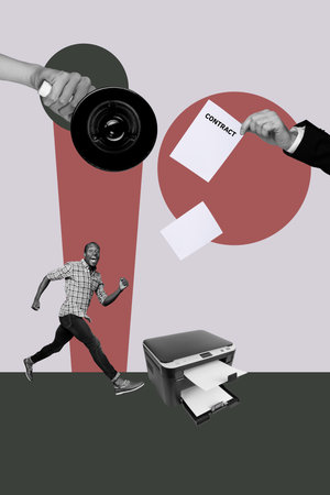Image banner vertical art collage of happy employee girl guy stand office laser printer contract paper hand vacancy searchの写真素材