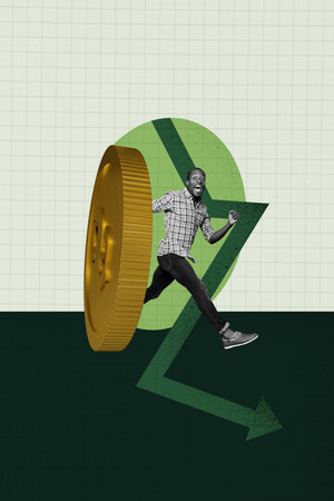 Vertical photo collage of businessman with coin and downward arrow.の写真素材