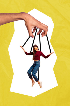 3D photo collage template trend of young woman happy dance moving big size hand moving rope control...