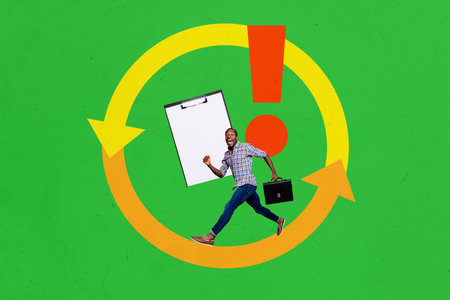 Poster trend collage of arrow cycle hr worker entrepreneur job recruitment clipboard young man walk smile goal trade stats target successの写真素材