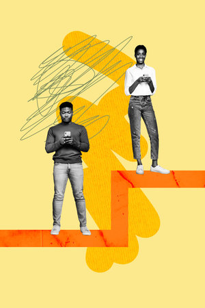 Poster 3d sketch pop artwork image collage of two happy girl guy business partners hold phone career...