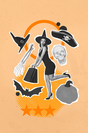 Zine banner vertical photo collage of happy witch girl hold bag skull hat pumpkin decoration halloween eventの写真素材