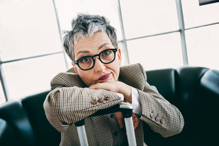 Confident mature businesswoman resting in an office armchair showcasing professional elegance and modern individualityの写真素材