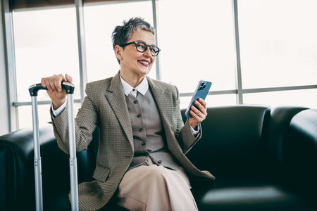 Confident senior businesswoman at workplace with modern smartphone in stylish attire relaxing for inspirationの写真素材