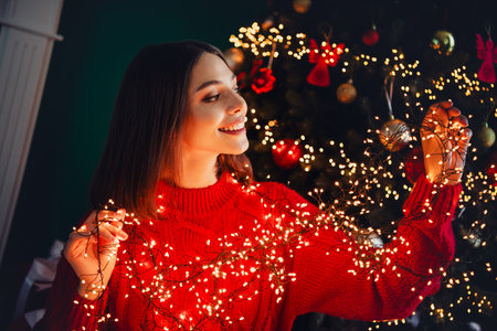 Joyful woman in a red sweater decorates with string lights by a warm Christmas tree indoors for a cozy festive momentの写真素材
